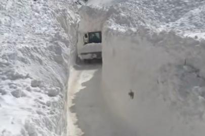 Çığ nedeniyle kapanan köy yolunda zorlu karla mücadele çalışması