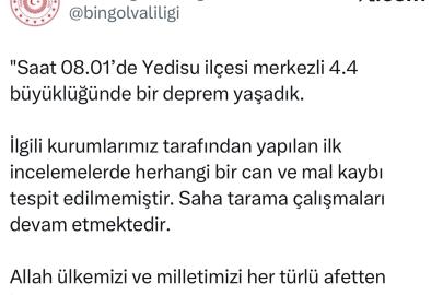 Bingöl Valiliği: "Saha tarama çalışmaları devam etmektedir"
