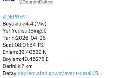 Bingöl’de 4.4 büyüklüğünde deprem