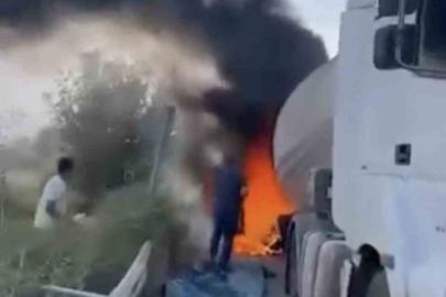 Iğdır’da seyir halindeki tankerin lastikleri alev aldı