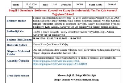 Meteorolojiden Bingöl için kuvvetli yağış uyarısı