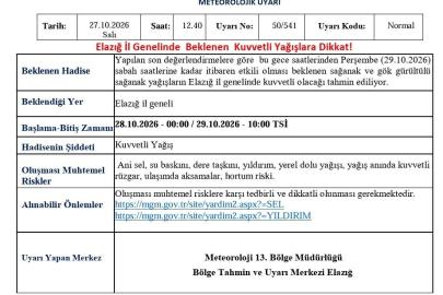 Meteorolojiden Elazığ için kuvvetli yağış uyarısı