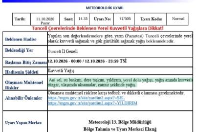 Tunceli için kuvvetli yağış uyarısı